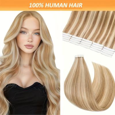 TEMU Tape In Human Extensions & Bleach Blonde Highlights Mix 100% Long Straight 16-22inch Seamless Light Beige Weft & Look Nature 20pcs/50g Image