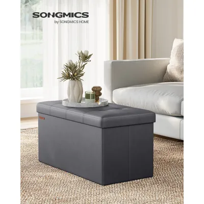 SONGMICS 76 cm Ottoman Storage Box, Foldable Storage Bench, Chest with Lid, Footstool, Padded Seat, Synthetic Leather