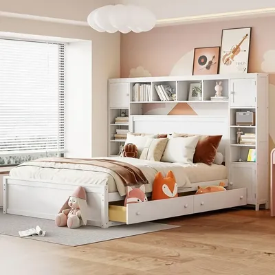 Solid Wood Bed Frame with Cabinet, Queen Size Platform Bed with 4 Storage Drawers, Bed with Bookcase