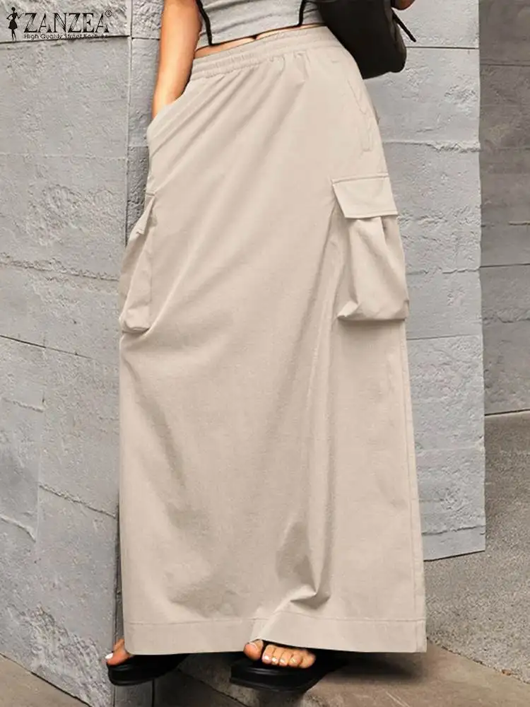 Zanzea Herbst elastische Taille Röcke Streetwear Cargo Maxi Röcke Frauen elegante lose Jupes Vintage Büro große Taschen Jupes