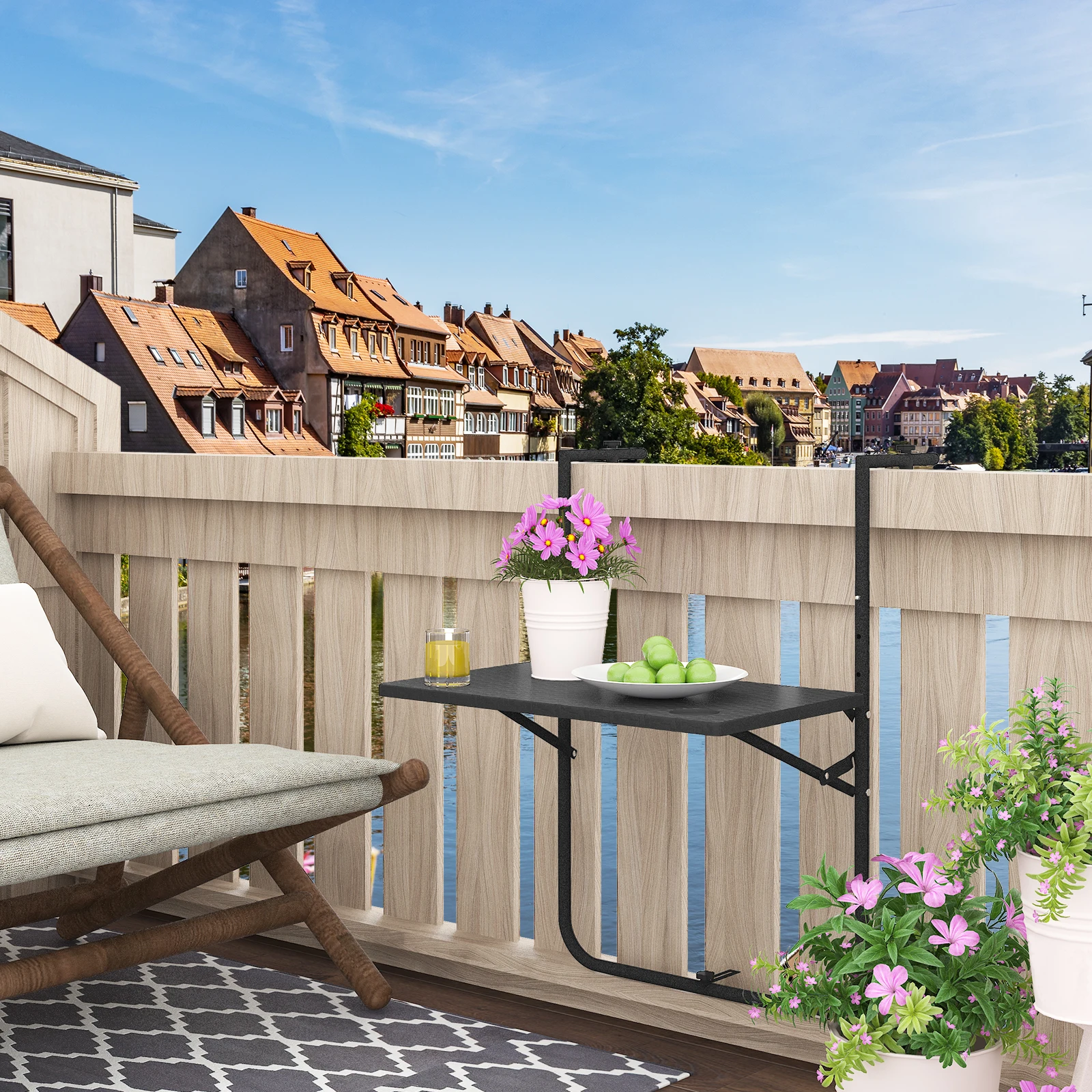 WOLTU Klappbarer hängender Balkontisch mit 3 höhenverstellbaren, kleiner Wanddecktisch, Rattan-Look, Gartenmöbel im Freien