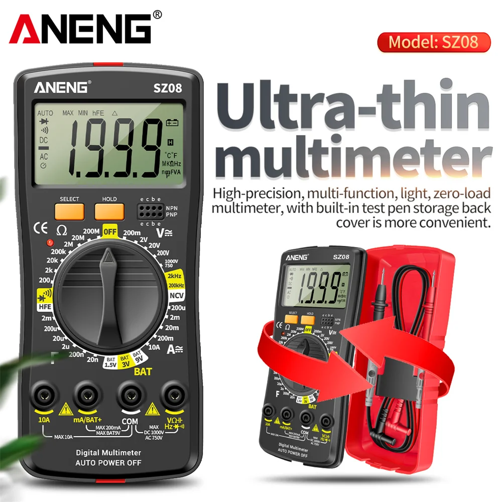ANENG SZ08 Professionelles Digitalmultimeter, ultradünnes Speichermessgerät, Auto-Voltmeter, AC DC 220 V, Widerstandshandtester Image