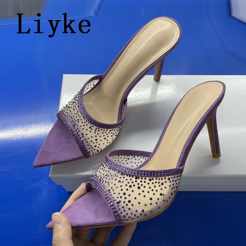 Liyke Lila Hausschuhe Für Frauen Mode Strass Mesh Sommer Sandalen Spitz Maultiere High Heels Party Prom Schuhe Größe 34-42