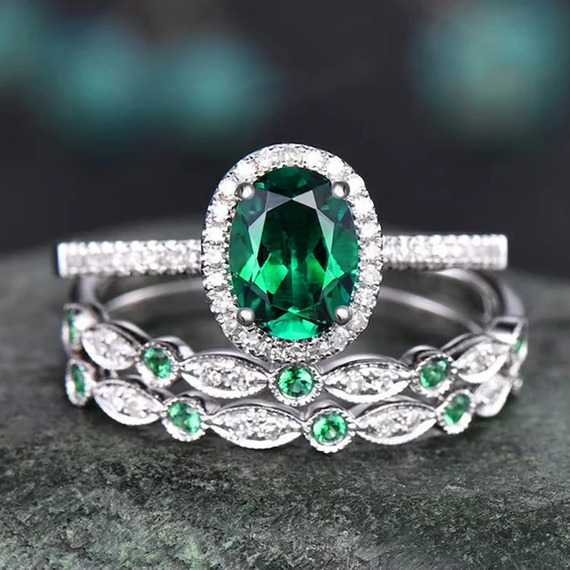 Huitan Edle Grüne CZ Set Ringe für Frauen Hochzeit Jahrestag Party Temperament Elegante Dame Zubehör Geschenk Heißer Trendy Schmuck Image
