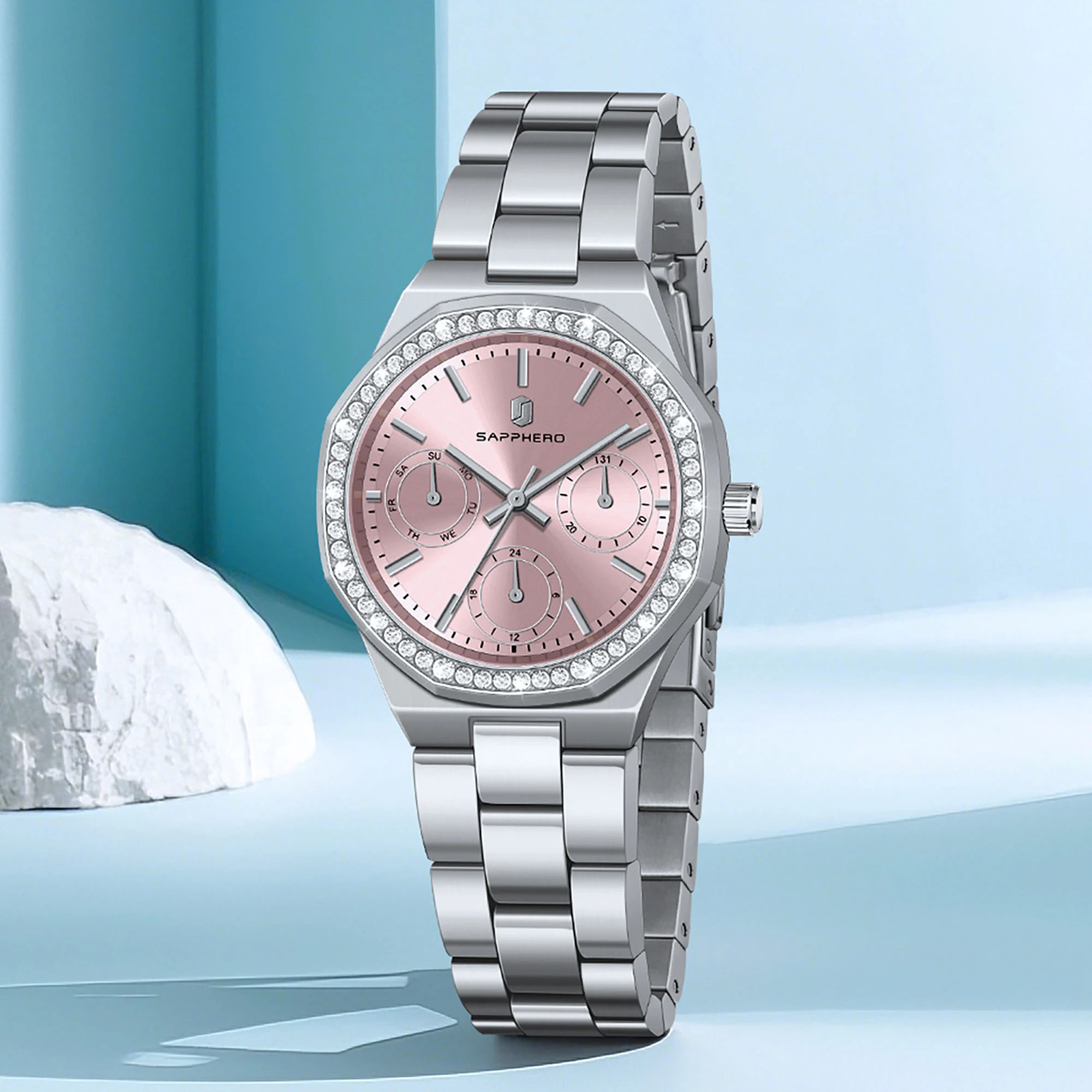 SAPPHERO Luxus-Damenuhr, 5 ATM wasserdicht, japanisches Uhrwerk, Edelstahlarmband, rosa Zifferblatt, elegante Damen-Armbanduhr