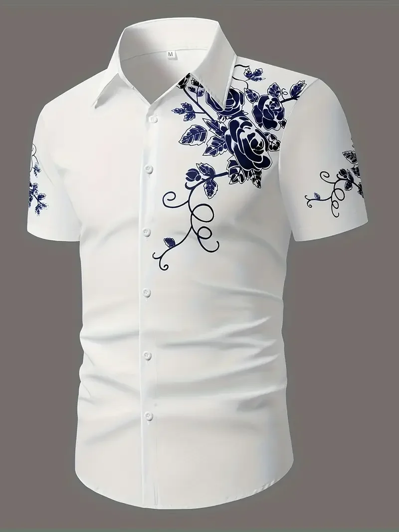 Stilvolle Gold Blume Drucken Schwarz Hemd Männer Frühjahr Neue Slim Fit Kurzarm Männer Kleid Shirts Party Casual Männlich Sozialen Hemd