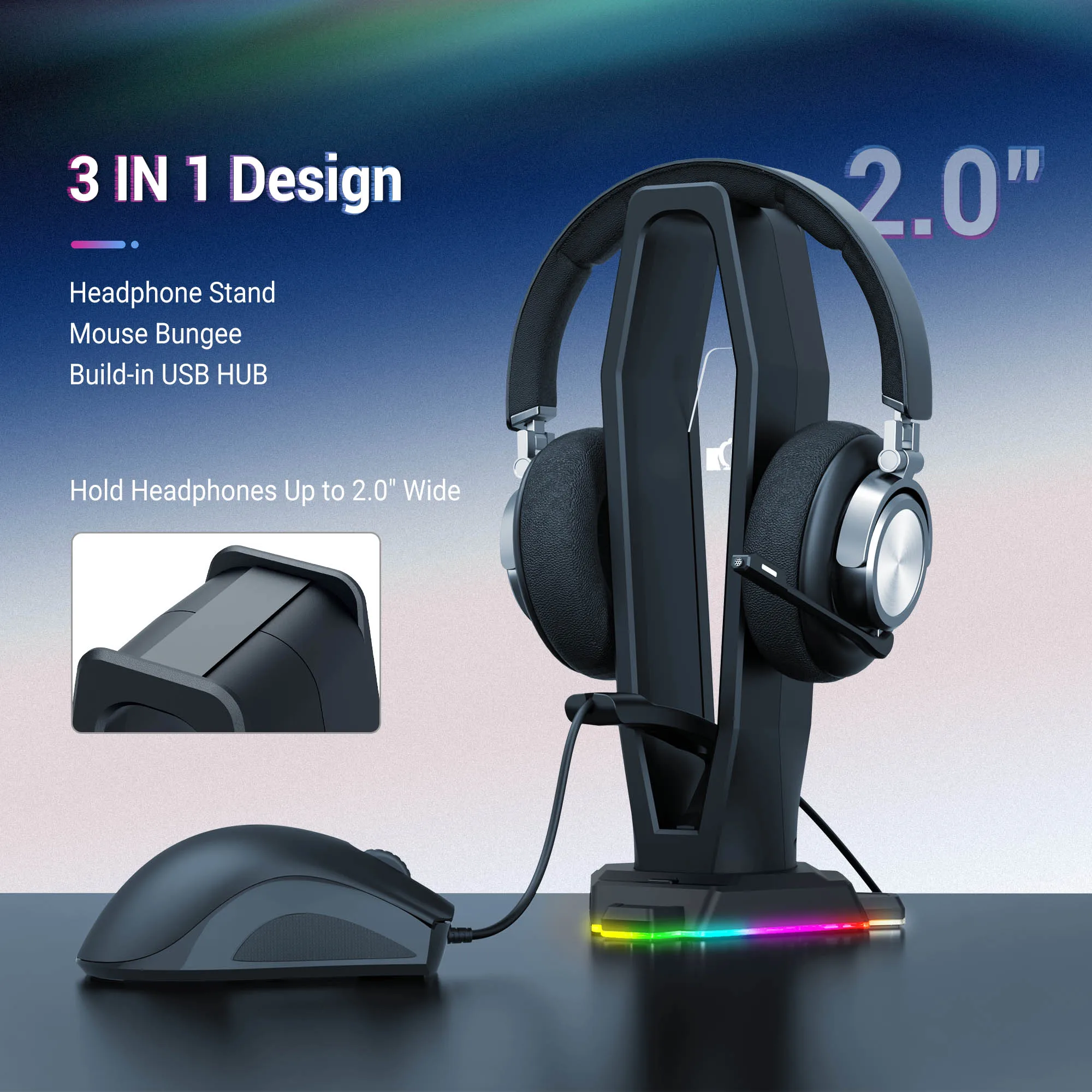 RGB-Desktop-Kopfhörerständer mit 2 USB 2.0-Anschlüssen und 3,5-mm-Audioanschlüssen und abnehmbarem Mauskabelhaken für Clip-Draht-Organizer Image