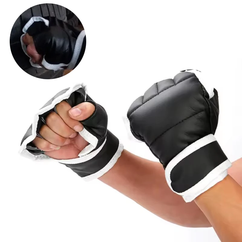 1 Pair of Black Half Finger Boxing Gloves PU Leather Karate Muay Thai Training and Exercise Gloves Children