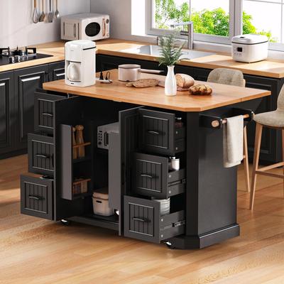 56'' Rolling Kitchen Cart - Rubber Wood Veneer Drop Leaf, Power Outlet, 4 Door Shelves