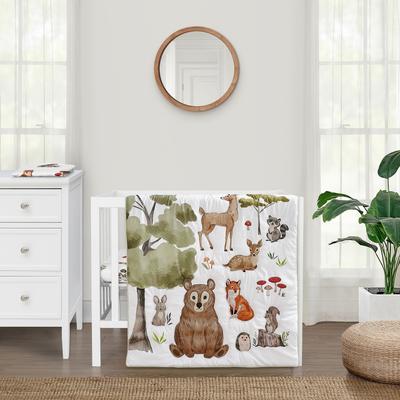 Sweet Jojo Designs Woodland Forest Animals Boy Girl Gender Neutral Unisex 3pc Mini Crib Bedding Set Bear Fox Hedgehog Deer Green