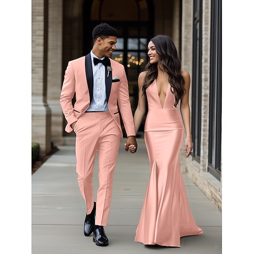 Pour des hommes Smoking Costumes Mariage à la plage Mariage de printemps Noir Rose Claire Printemps Été Costume / Tailleur Col châle Mode Formel Couleur Unie Coupe Standard 2 pièces Simple