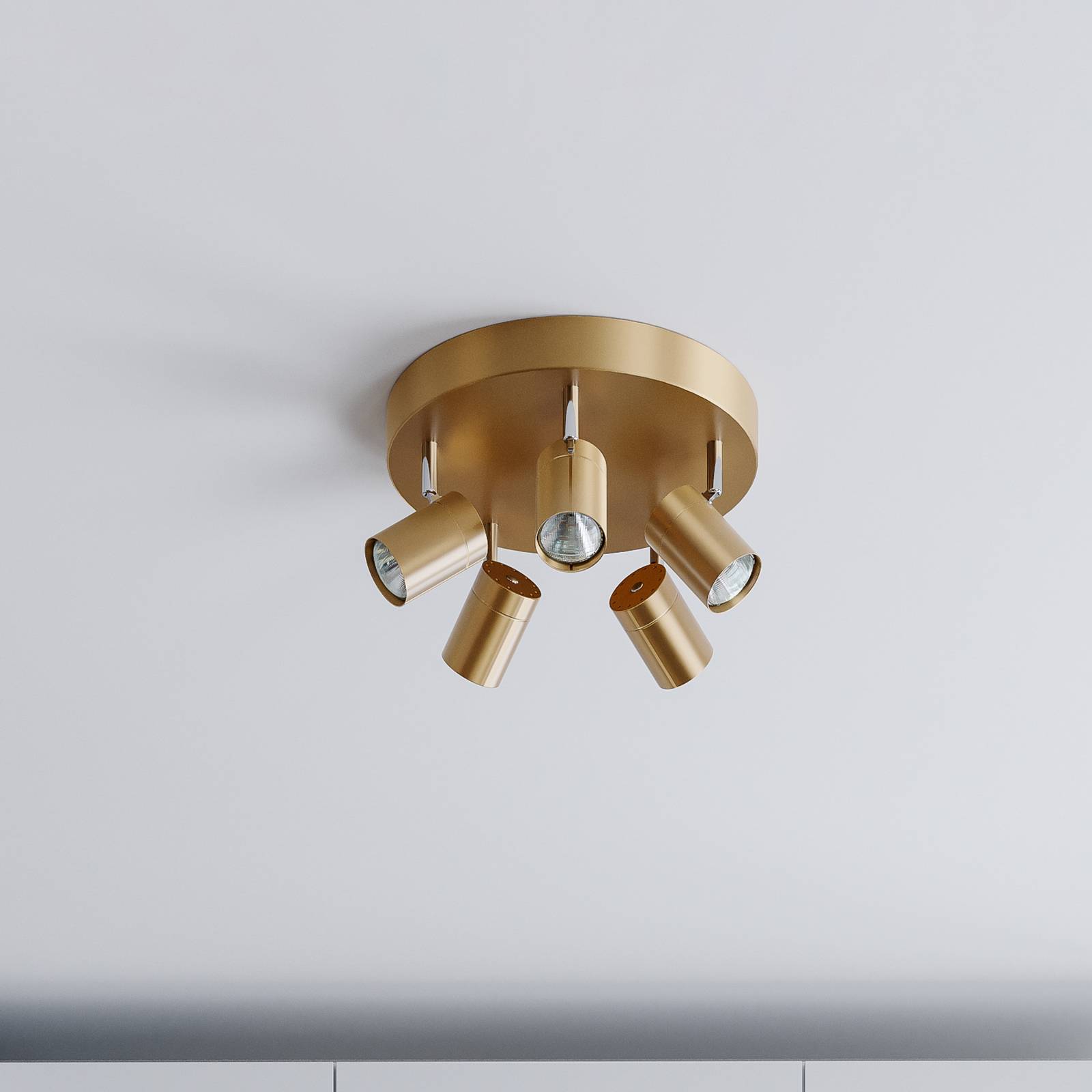 By Rydéns Correct Deckenstrahler 5fl gold matt Correct, dimmbar, messing / gold, für Wohn- / Esszimmer, Metall, Modern, Strahler