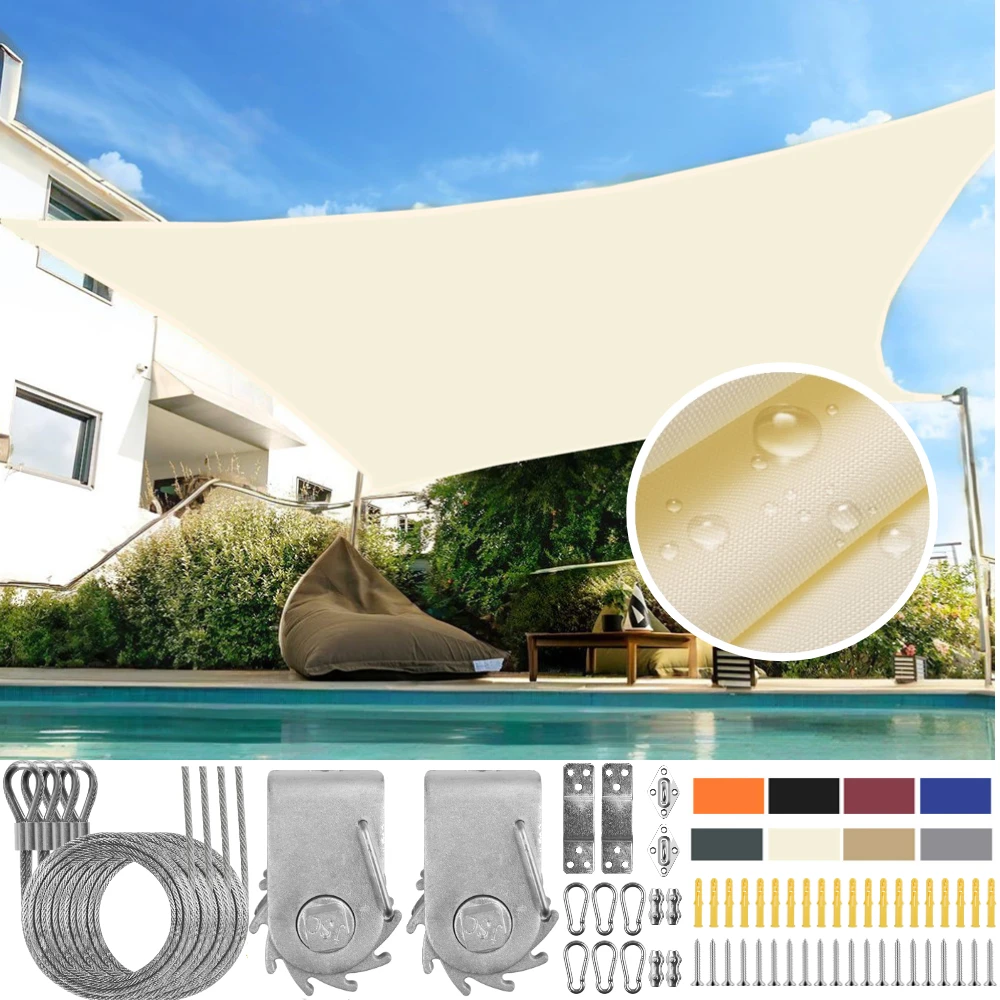 Wasserdichtes Sonnensegel-Überdachung mit 60-teiligem Hardware-Befestigungsset, rechteckiger UV-Block, Terrassenmarkise, Sonnenschutz, Unterschlupf, Gartenpavillon Image
