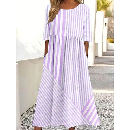 Damen Midikleid Sommerkleid Urlaub Lässig Strand Täglich Ferien Teegesellschaft Lässiger Schnitt Grafik Gestreift Halbarm Rundhalsausschnitt Blau Rosa Purpur Sommer Image