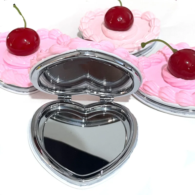 Faltbarer Make-up-Spiegel, Kirschkuchen, rund, Vintage-Spiegel, Geschenk für Frauen, Reise, kompakter Taschenspiegel, Kosmetikwerkzeug, tragbar, 1 Stück