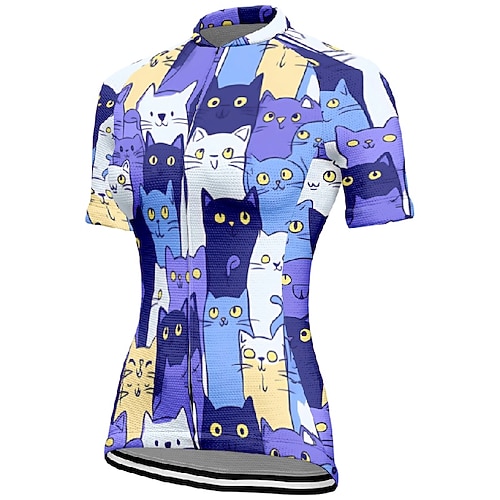 Damen Radtrikot Katze Kurzarm Fahhrad T-Shirt Trikot mit 3 Gesäßtaschen Mountainbike MTB Schnelltrocknend Anatomisches Design Feuchtigkeitsableitend Atmungsaktiv Sport Violett Weiß Dunkellila