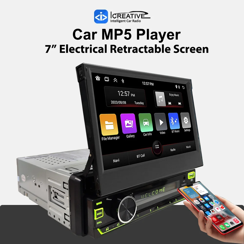 Universal 1DIN MP5 Player Auto Radio Elektrische Versenkbare 7 Zoll Touchscreen Apple Carplay Spiegel Link Multimedia Keine DVD