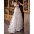 Abiti da Sposa Casual A-line V Collo Senza Maniche Lunghezza Terra Abiti da Sposa in Pizzo Ricamato Abito da Matrimonio per Spiaggia