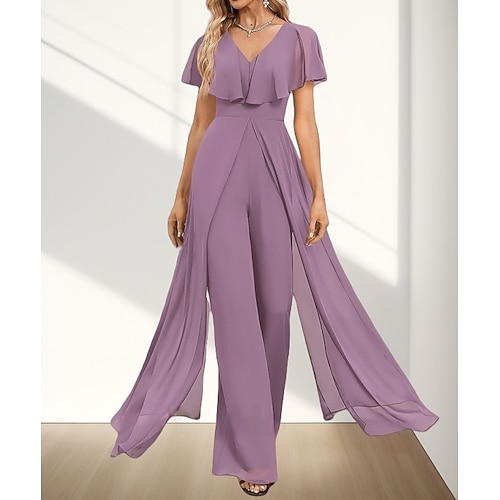 Tuta Completo da cerimonia abito madre della sposa elegante scollo a V lungo fino al pavimento in chiffon a maniche corte con volant e drappeggio laterale