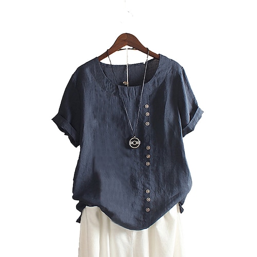 Damen Hemd Baumwoll Mischung Bluse Knöpfe Einfach Basic Modern Kurzarm Rundhalsausschnitt Normale Oberteile Täglich Ferien Blau Weiß Rosa Orange Grün Sommer Image