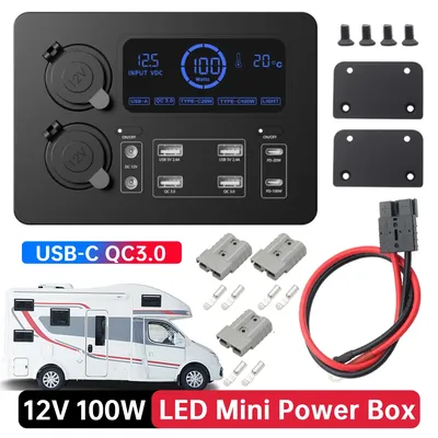 12V 100W LCD Display Auto Mini Power Box mit LED-Leuchten Boot RV Yachten Control Hub Stromverteilerkasten USB-C QC3.0 Ports Image