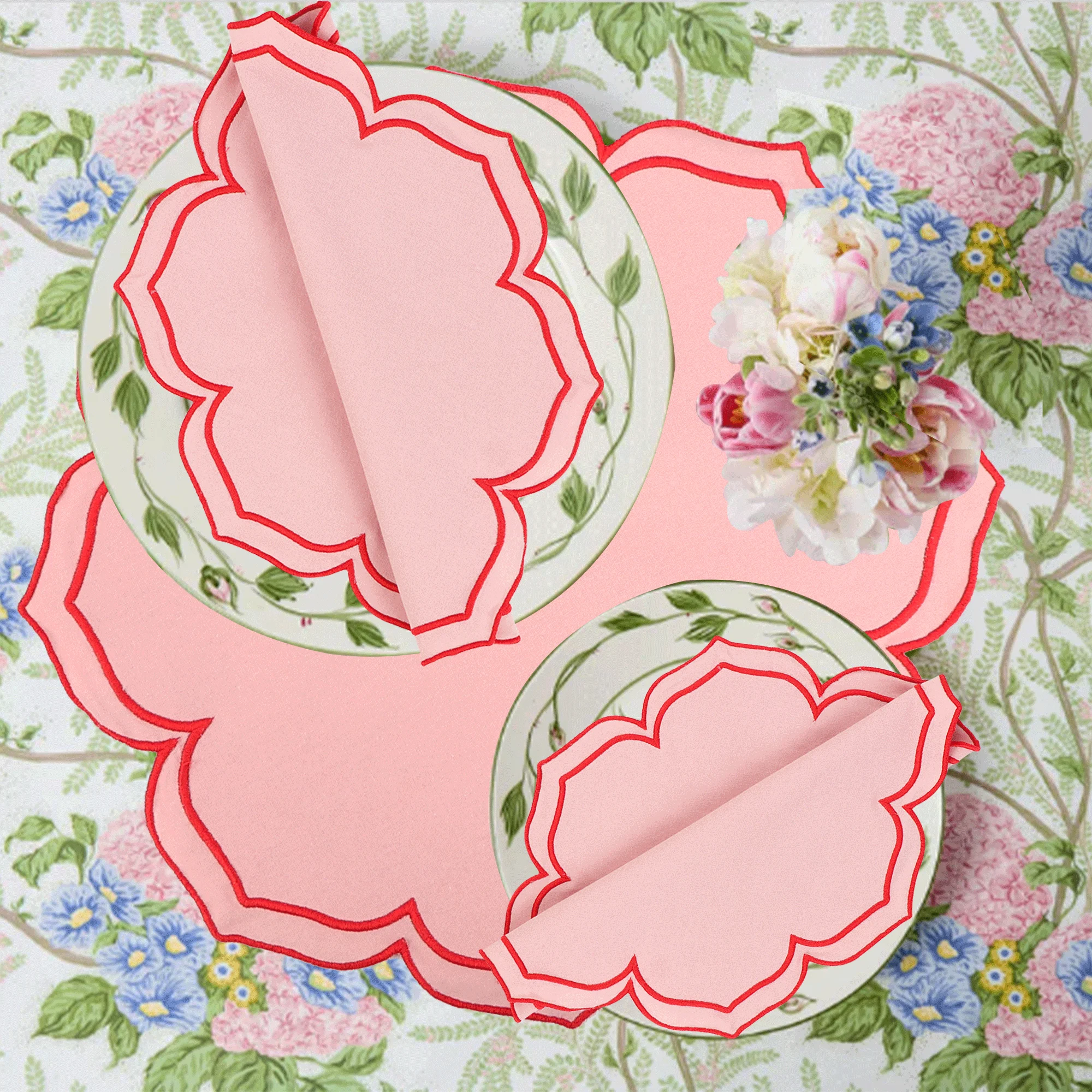 Lotusförmige Servietten mit besticktem Rand, 4 Stück/Set, verdickte, atmungsaktive Tischsets aus reiner Baumwolle für Hochzeiten, Weihnachten, Alltag, Party Image