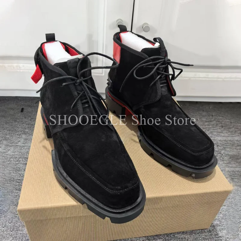 Black Suede Red Splice Boots Rivet Men’s Business Boots Small Square Head Classic Shoes For Men Fashion 2025 Ankle Boots
