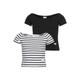 Carmenshirt KANGAROOS "2er Pack T-Shirts", Mädchen, Gr. 128/134, ringel, schwarz, Single Jersey, Obermaterial: 95% Baumwolle, 5% Elasthan, geringelt, modisch, eng taillenlang, Carmenausschnitt, Kurzarm Raglanärmel, Shirts, 1x uni + 1x geringelt