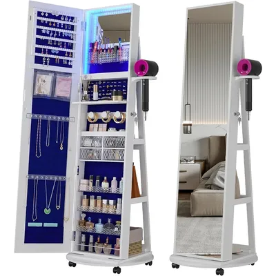 360° Swivel Jewelry Armoire with Mirror, LED Mirror Jewelry Cabinet Standing, Full Length Mirror