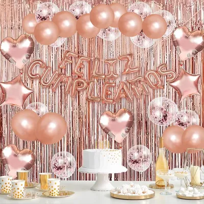‌"Feliz Cumpleaños" Rose Gold Metallic Balloons with Glitter Curtains - Women's Birthday Party