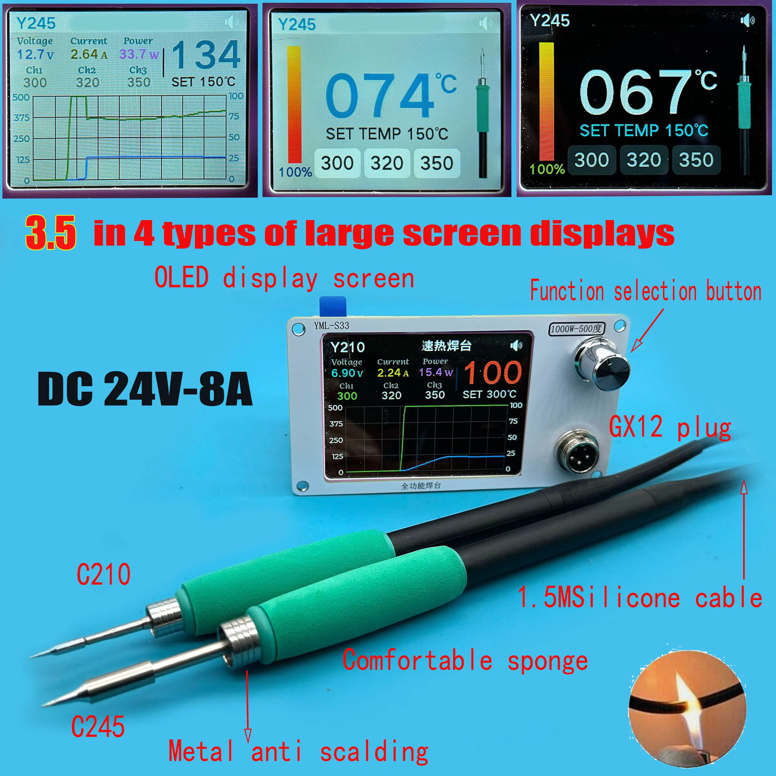DC 24V 8A C245 C210 C115 Scheda controller 3.5in 4 modalità interfacce display Stazione di saldatura per saldatore Sostituisci la maniglia FAI DA TE