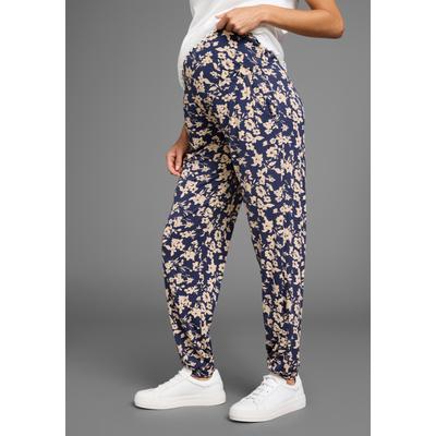 Umstandshose NEUN MONATE "Haremshose für Schwangerschaft und Stillzeit", Damen, Gr. 36/38, N-Gr, blau (marine geblümt), Jersey, Obermaterial: 95% Viskose, 5% Elasthan, bedruckt, geblümt, Basic, bequem lang, Hosen, in bequemer Passform und mit...