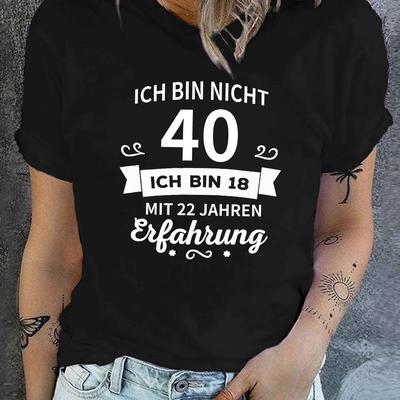 "TEMU Women's 40th Birthday Graphic T-shirt - "ich Bin Nicht 40" German Quote & Geometric Print, Short Sleeve Crew Neck Top, Medium Stretch Casual Tee For Summer & Spring, Machine Washable, Design," Image