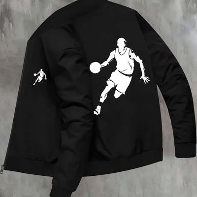 TEMU Men's Casual Basketball Print Fitted Jacket With Small Collar, Polyester Knit Fabric, , Zippered Pocket, Random - Autumn/winter Sports Style Image