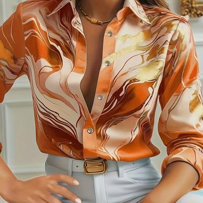 TEMU Marble Print Button Front Shirt, Elegant Long Sleeve Lapel Collar Shirt For Spring & Fall, Women's Clothing, Casual, Fashion Image