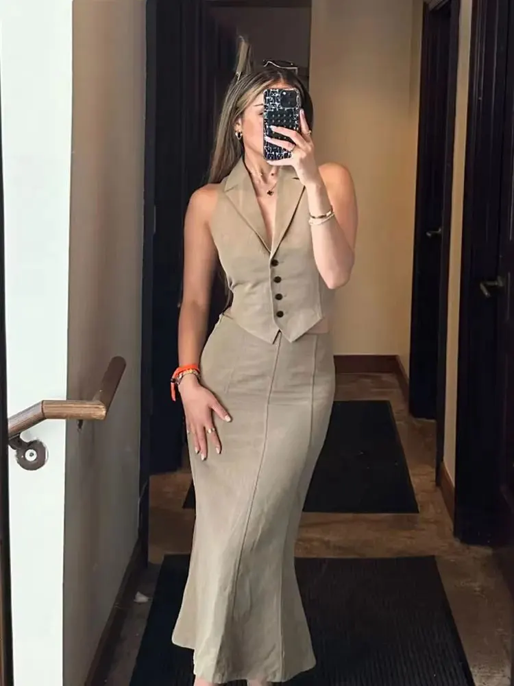 HH Frauen Solide Weste Rock Sets Zurück Spitze Einreiher Westen Top Seite Zipper Schlank Midi Röcke Mode High Street outfit Image