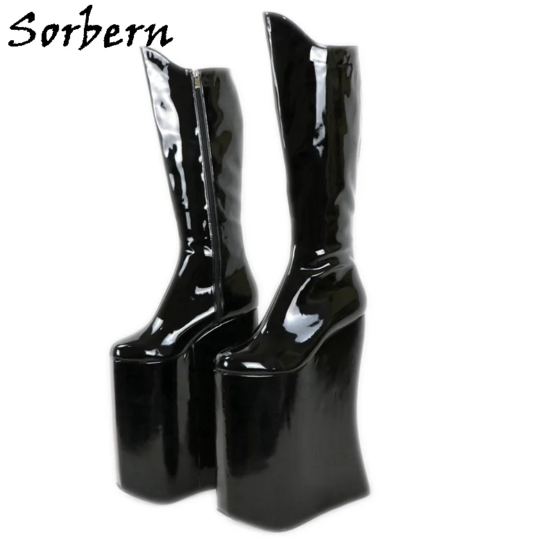 Sorbern Knee Drag Queen Style Boot Patent Schwarzes Leder Bestrafungskeile High Heel Schuhe 15 cm bis 40 cm Crossdreser Stiefel Custom