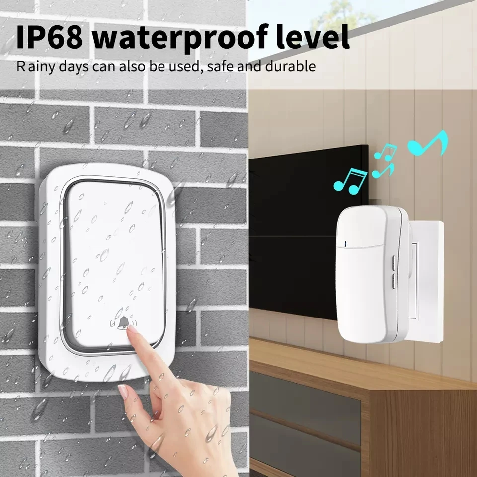 Keine Batterie erforderlich. Moderne, wasserdichte AC-Türklingel, hohe Lautstärke, elektronische, selbstbetriebene, kabellose Wohnung, 150 m lang Image