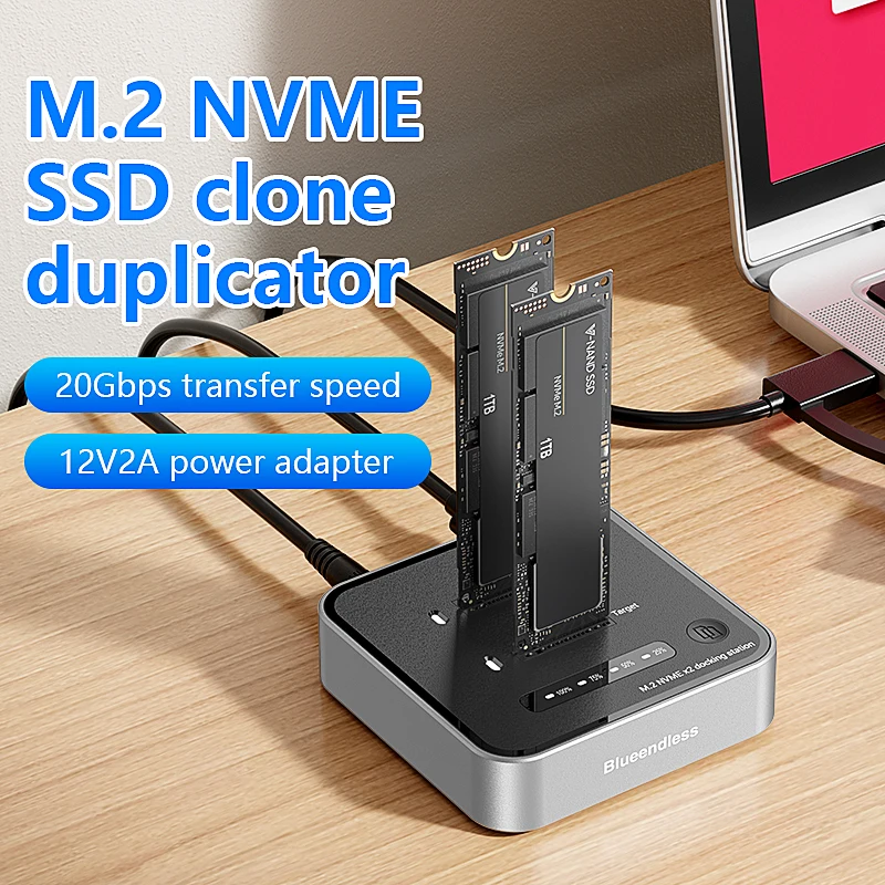 Blueendless Dual-Bay M.2 NVME SSD-Klon M.2 NVme SSD-Leser 20 Gbit/s USB3.2 Typ C OFFline-Klon-Duplikator NVme PCIE-Gehäuse Image