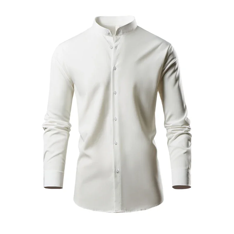 Weiße Herren-Langarmhemden, einreihiges Hemd mit Stehkragen, modische, lässige Herrenoberteile, europäische Größe S-XL, Schwarz, Grün