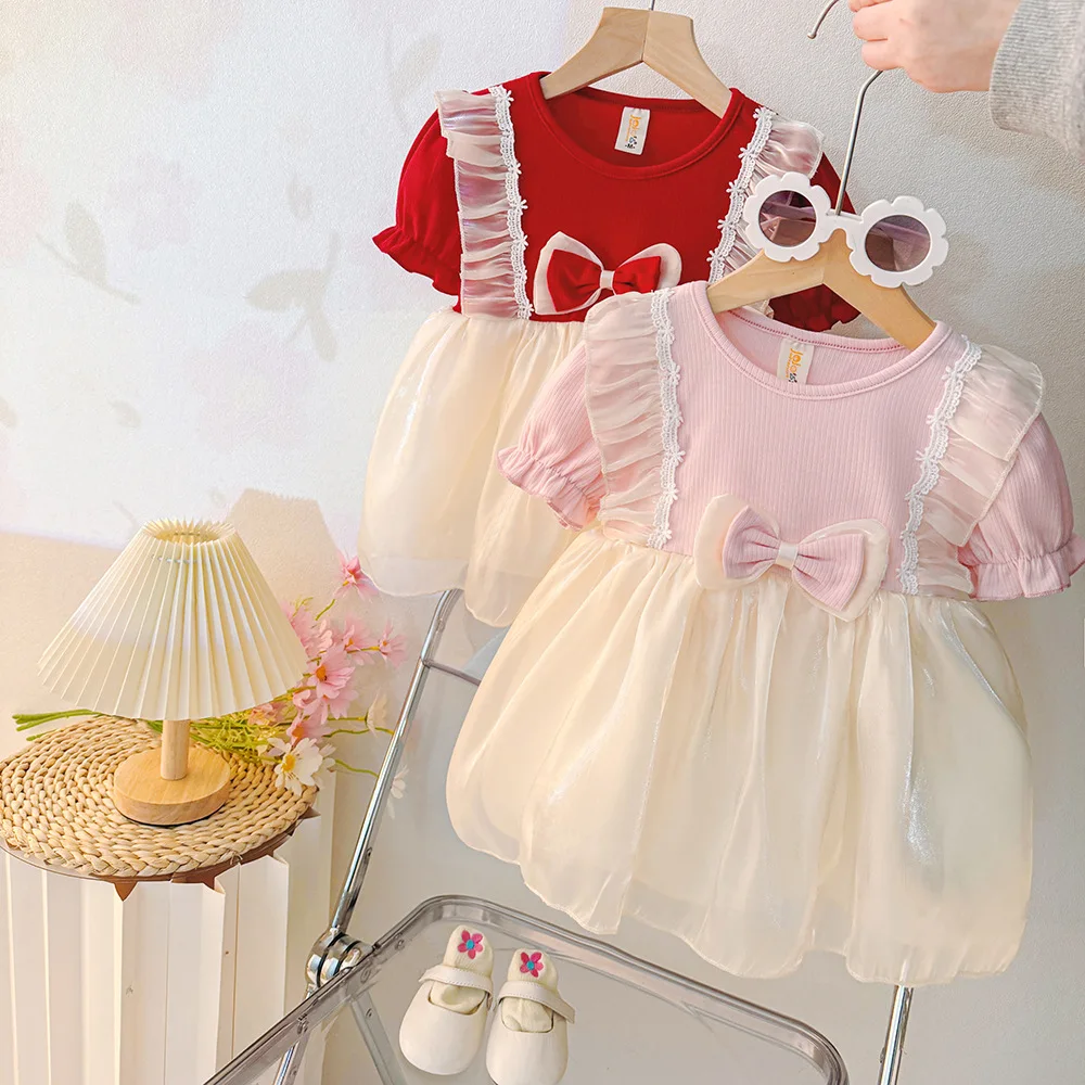 Baby Mädchen Kleider Sommer Schleife Blase Ärmel Baby Kleider Niedliche Baumwolle Rot Mädchen Kleider Baby Kleidung Mädchen Image