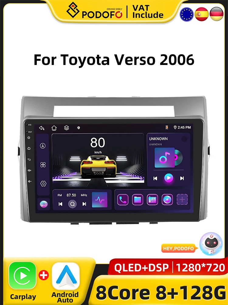 Podofo 4G CarPlay Android Radio For Toyota Verso 2004-2009 Car Intelligent System 2din GPS Stereo Head Unit Multimedia Player Image