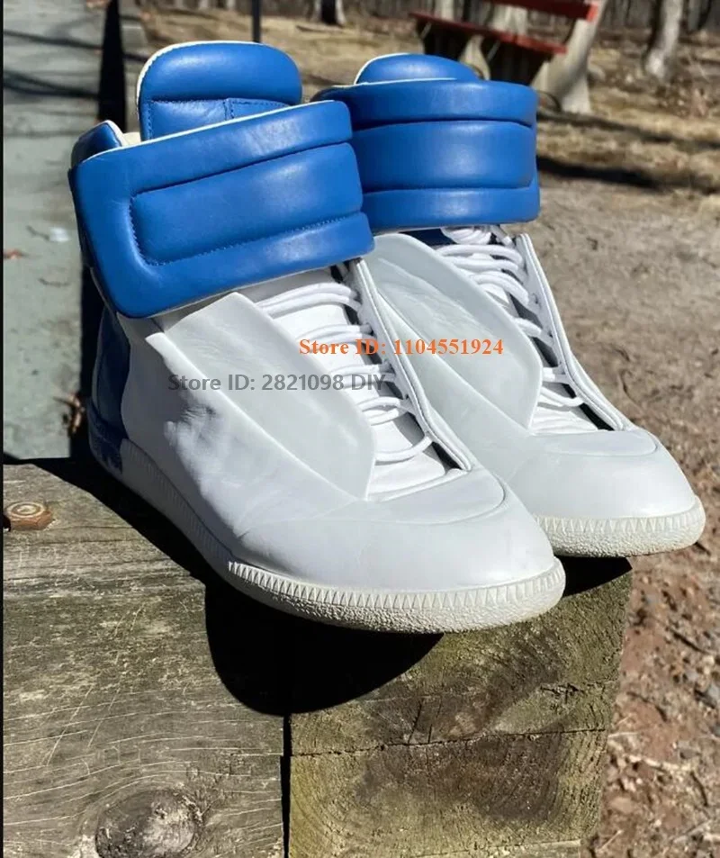 Weiße, blaue Leder-High-Top-Sneaker für Herren, Stiefel, Outdoor-Aktivität, modisch, täglich, Freizeitschuhe, Zapatillas Hombre, Chaussure, Größe 47
