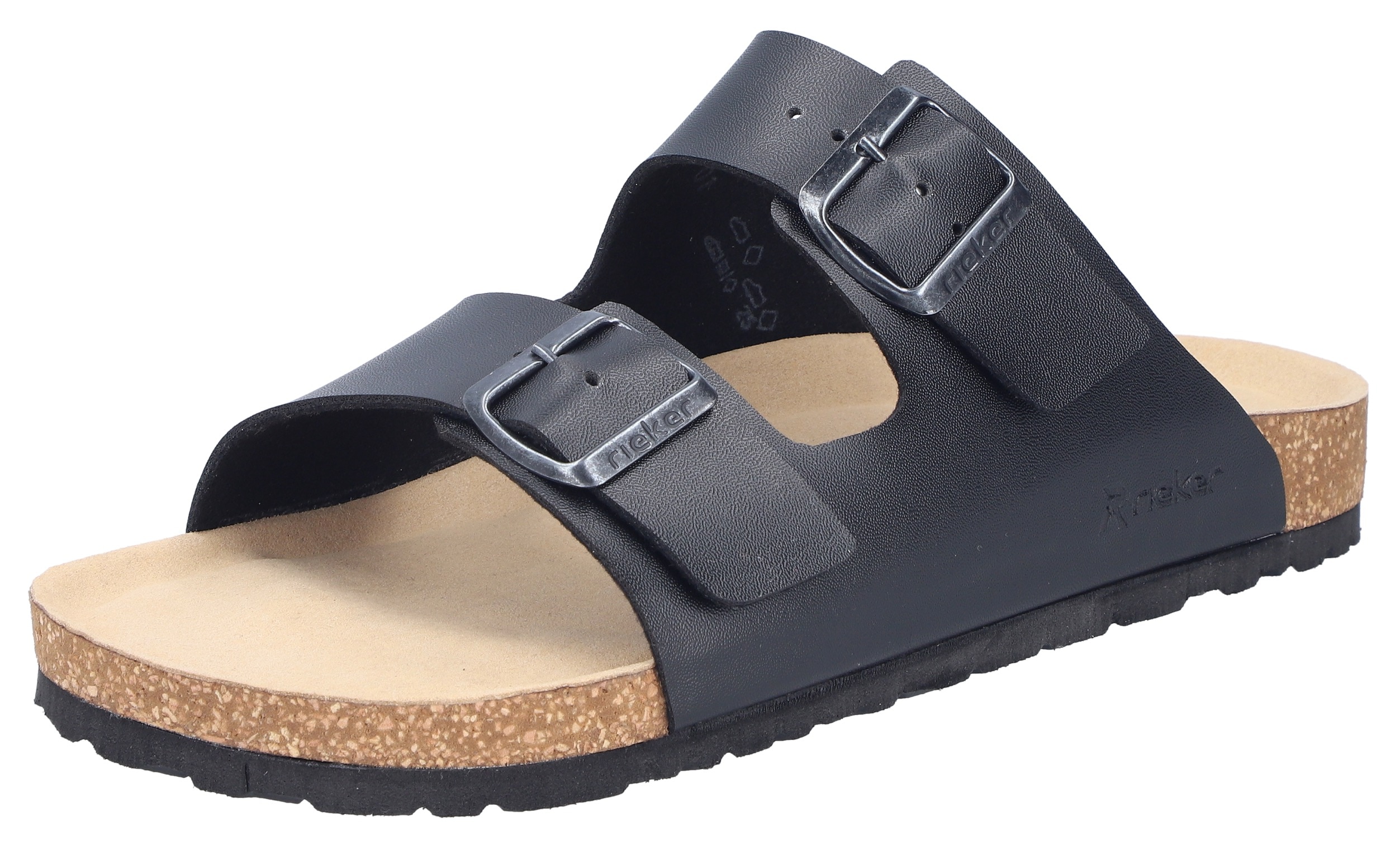 Pantolette RIEKER, Herren, Gr. 46, schwarz, Lederimitat, unifarben, Schuhe Pantolette, Sommerschuh, Schlappen, Hausschuh, mit zwei Schnallenverschlüssen