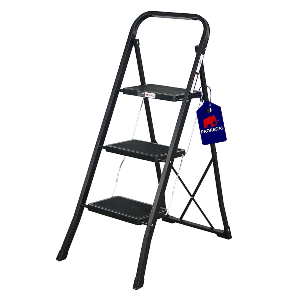 PROREGAL Trittleiter klappbar 3 geriffelte Stufen aus Gummimatten 103x47x70cm Traglast 150kg Stahl Matt Schwarz Klapptritt Klappleiter Haushaltsleiter Image