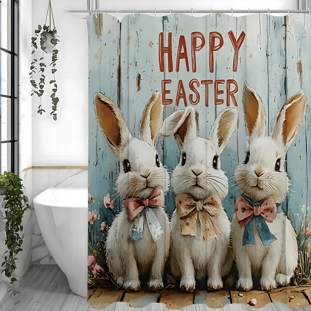 Frohe Ostern Duschvorhang, süßer Gentleman Hase Ei Schleife dekorativer Duschvorhang, Frühlingsblumen-Duschvorhang aus Holz mit H