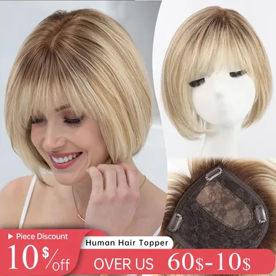 10 inch Short Bob Remy Hair Toppers Mixed Blonde Brown Hair Topper with Bangs Side Part Hair Pieces for Women with Thining Hair