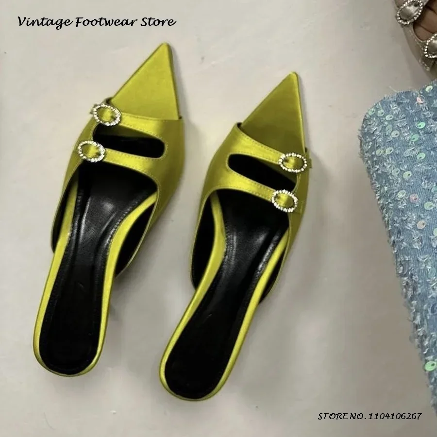 Sweet Crystal Buckle Leather Mules Pointed Open Toe Kitten Heel Modern Slippers Street Style Office Party Prom Women's Shoes