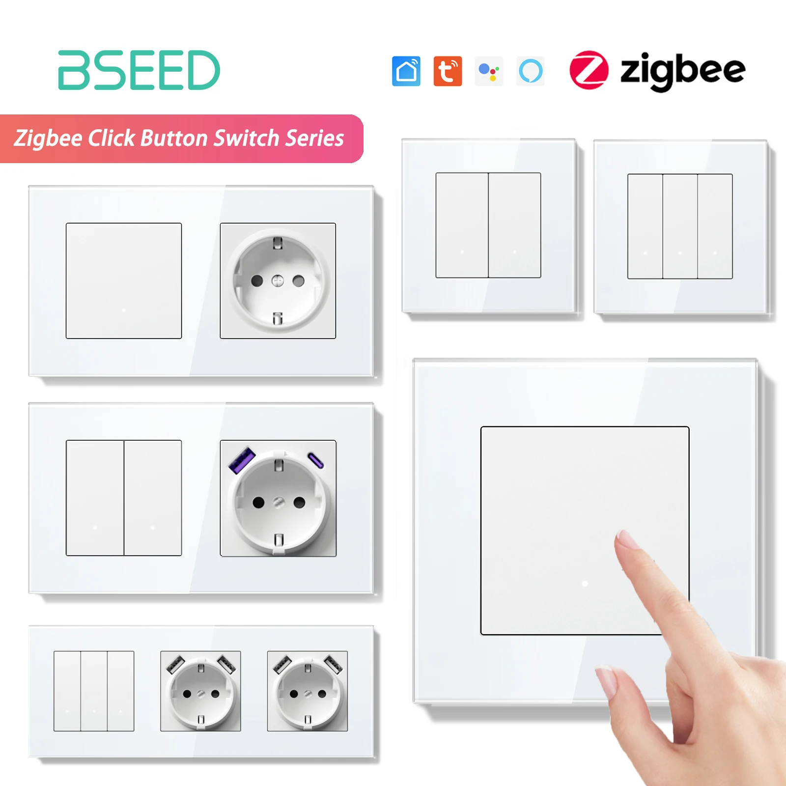 BSEED Zigbee Lichtschalter 1/2/3Gang 2Way Smart Click Button Schalter Glasscheibe Weiße LED-Anzeige Tuya Smart Life Alexa Steuerung Image