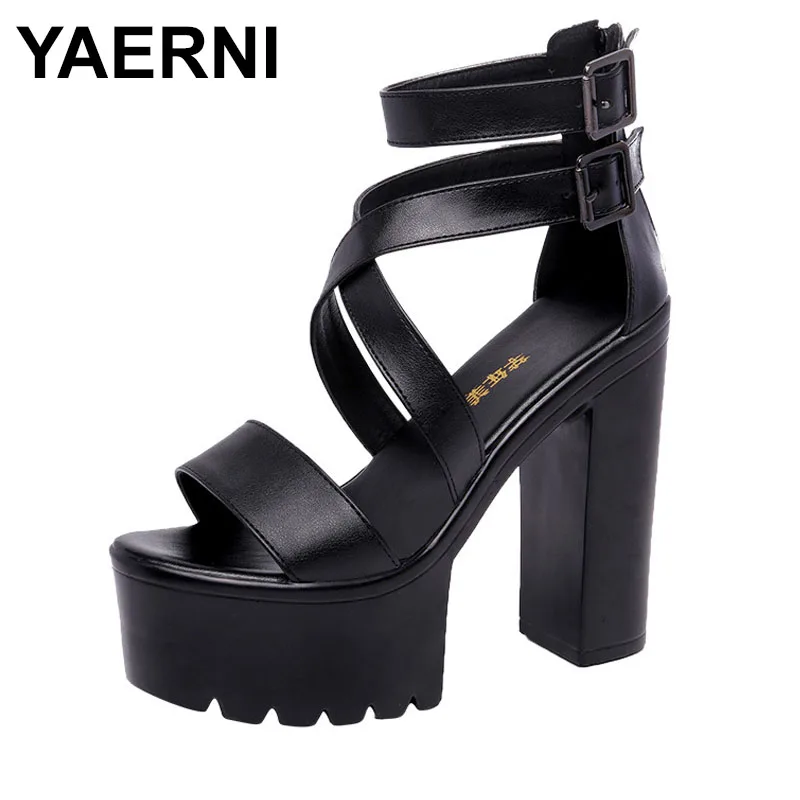 15cm Sommer Plattform Sandalen Frauen klobige High Heels offene Zehen Goth Stil schwarze Schuhe Trend Gladiator Sandale Reiß verschluss Größe 42 43